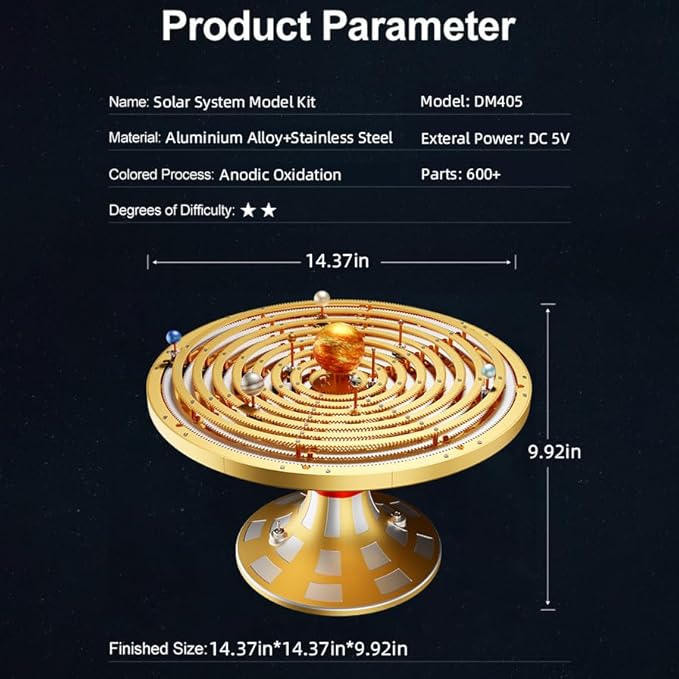 Metal Solar System Model Kit That Works - Motorized Metal Planetarium with LED Night Light Sun, Educational STEM for Adults, Classroom Science Project, Unique Desk Decor Gift