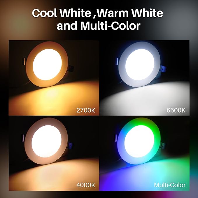 Peteme Smart LED Recessed Lighting 4 Inch, IC Rated ETL Certified Ultra-Thin Canless Recessed Ceiling Light with J-Box, RGBCW Color Changing Slim Downlight for Soffit, Work with Alexa, 10W 800LM 6Pcs