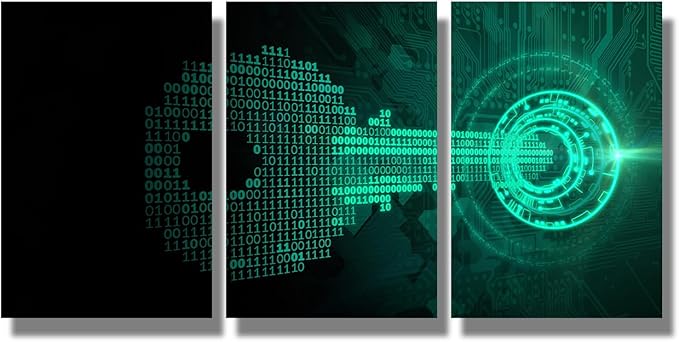 LSIUHWUWI 3 Panel Wall Art Abstract Key Made from Binary Code Fits Iinto A Lock Pictures Print on Canvas for Home Office Wall Decorations,Wooden Framed Ready to Hang, 12x16inchx3