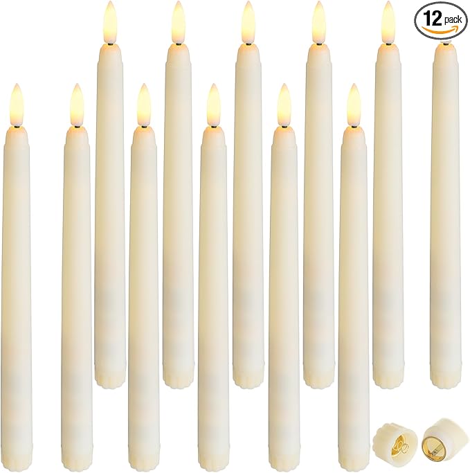 Baquler 12 Pcs Flameless Ivory Taper Candles Bulk Flickering LED Candles Taper Warm White Light LED Candlesticks for Christmas Wedding Home Decoration No Remote Control, 9.6 Inch