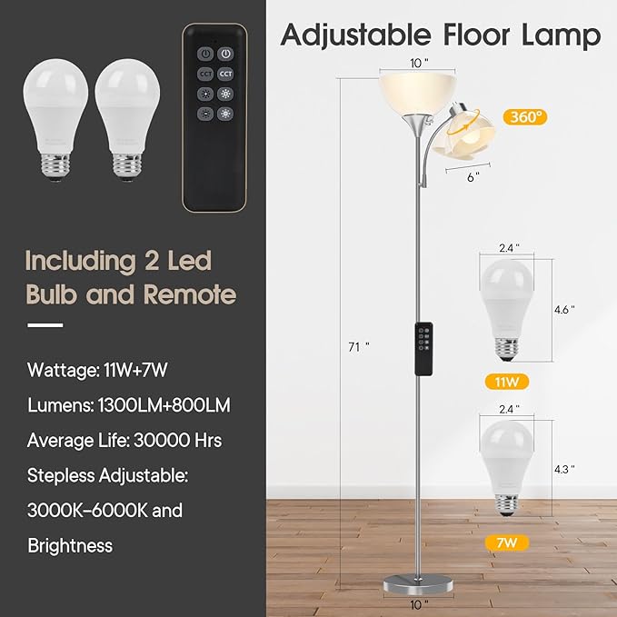 GERGO Floor Lamp, Remote Control with 4 Color Temperatures, LED Torchiere Floor Lamp with Adjustable Reading Lamp for Bedroom, Standing Lamps for Living Room, Bulb Included (Brushed Nickel)