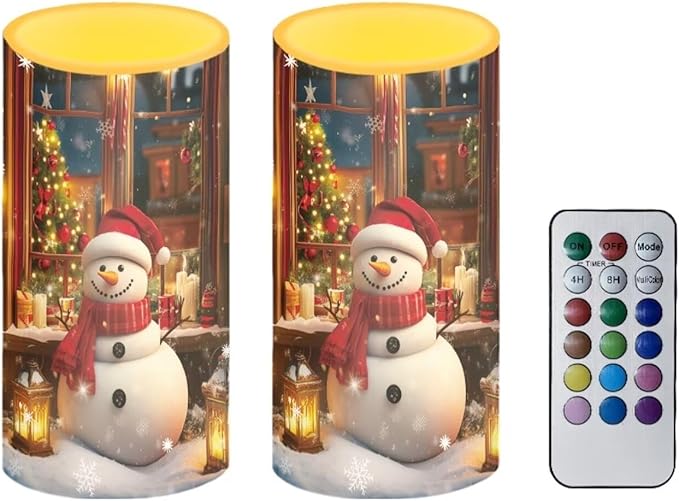 Christmas Decor Flameless Pillar Candles Cute Snowman Battery Operated Flameless LED Candles with Remote and Timer for Home Party Christmas Holiday Xmas Decorations Set of 2