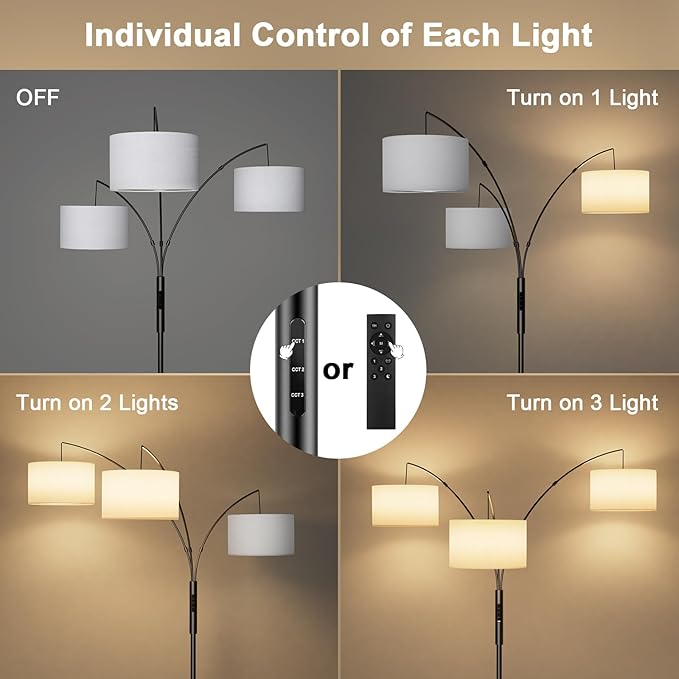36W Dimmable Floor Lamp - 3 Lights Arc Floor Lamps Standing Lamp with Remote & Touch Control, Tall Lamp for Living Room Corner, Bedroom, Office