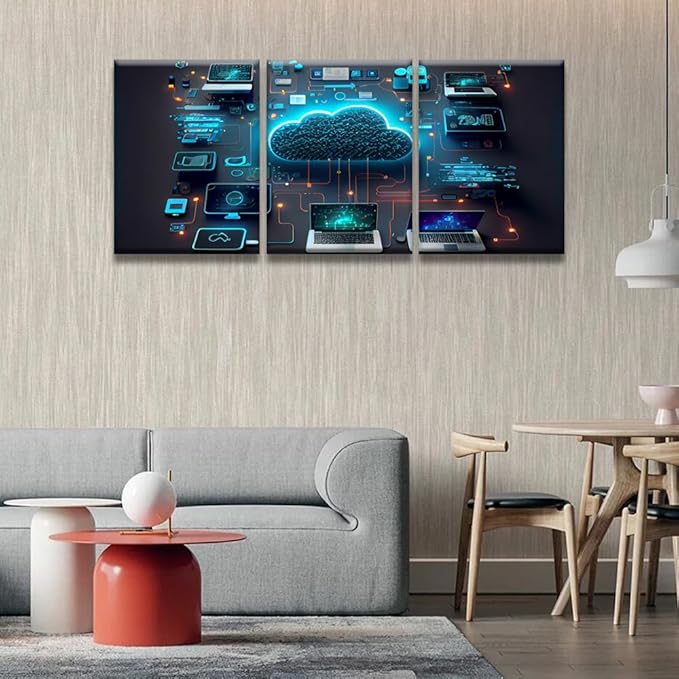 Framed Canvas Wall Art 3 Panels Cloud Technology Computing Smart Home Communication Laptop Pictures Print On Canvas for Bedroom Living Room Wall Decoration Ready to Hang 12x16inchx3
