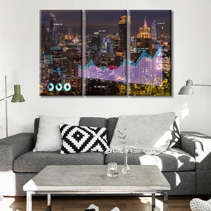 TUMOVO Stock Market on Display Paintings Wall Art Stock Exchange Market Pictures Living Room Wall Decor 3 Pieces City Building Background Black and White Wall Art Framed Ready to Hang (36" Wx24 H)