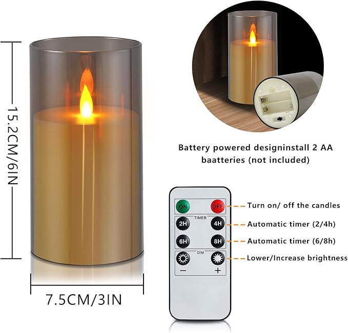 Flameless Candles 4" 5" 6" Set of 2 Acrylic Glass Pillars 3" Diameter Battery Operated Flickering Candles Include 8-Key Remote with Timer Function 400+ Hours (Gray, 2 Pack)