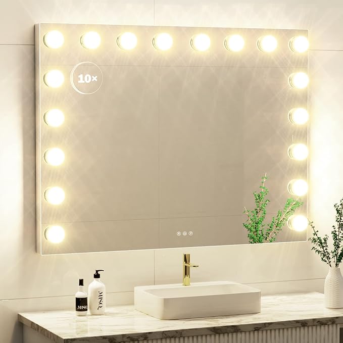 Vanity Mirror with Lights, 32 x 24 Tabletop Hollyhood Makeup Mirror, Hollywood Lighted Mirror with 18 Dimmable LED Bulbs,3 Colors Modes,Touch Control,Metal Frame,
