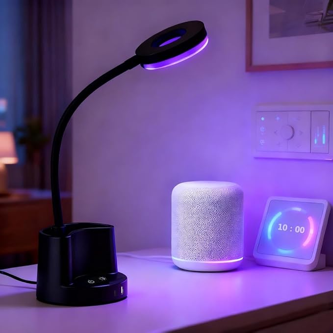 HomeFocus LED Desk Lamp,Eye-Caring Dimmable Reading Light,RGB Night Light,Student Lamp,Lamp,Table Lamp,Metal Flexible Gooseneck Lamp,Desk Lamp for Home,Office,Gift for Kids,Students,Women,Black.
