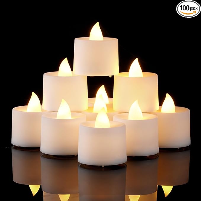 Amagic 100 Pack LED Tea lights, Flameless Votive Candles, Lasting Electric Fake Small Candles, Battery Operated Tealights Candles for Halloween, Christmas, Home Decor, Wedding, Party, Festival (White)