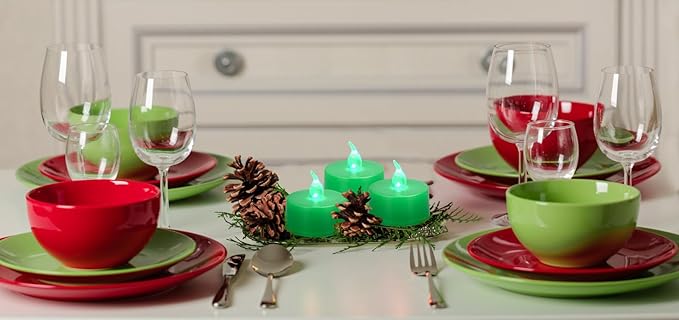 KOABY 12 Pack Green Light Non-Flickering Flameless Tea Lights, Green Base, Last 100H+, Battery Operated Tea Lights for Decor