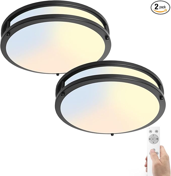 2-Pack Black Flush Mount LED Ceiling Light Fixture with Remote: 13Inch 36W Dimmable Modern LED Ceiling Lights, 2700K-6500K Adjustable 3600lm Super Bright Kitchen Lighting for Bathroom Hallway Bedroom
