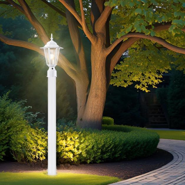 Dusk to Dawn Outdoor Post Light, Pole Lantern, Waterproof Die-Cast Aluminum Pole Light Fixture with Glass, Exterior Post Lamp for Garden Yard Patio Pathway, Matte White, 1-Pack