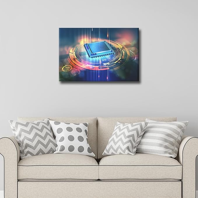 TUMOVO Wall Paintings for Living Room Futuristic CPU Modern Office Wall Art Computer Chip Large Wall Decor Virtual Space Canvas Wall Art for Bedroom Artwork Framed Ready to Hang, 24x16in