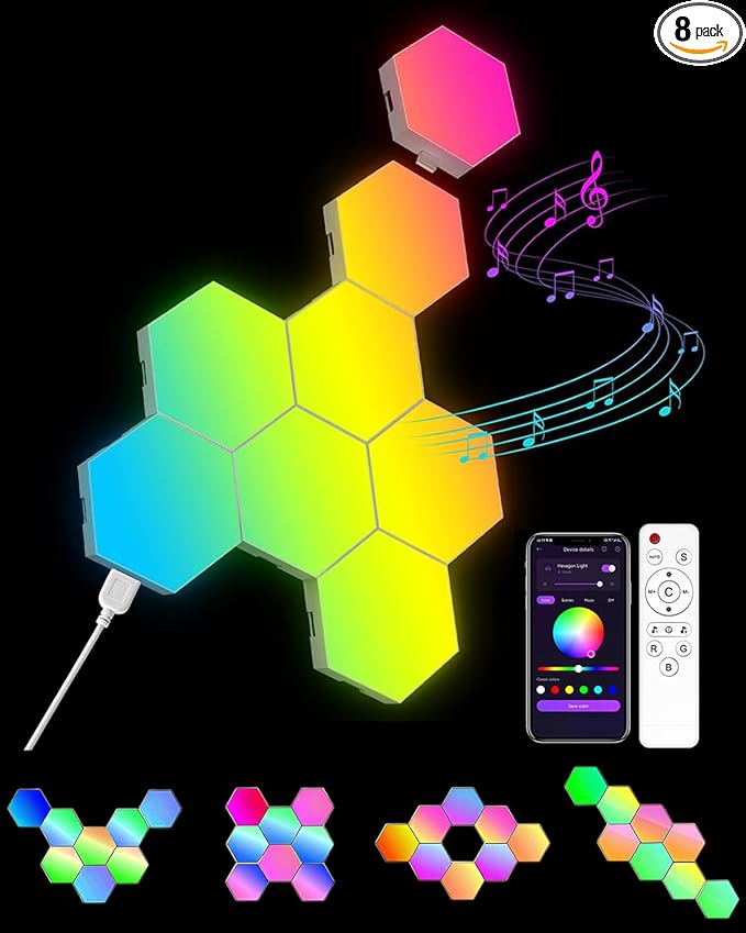 Hexagon LED Lights 8 Pack - RGB Wall Panels with Music Sync, Smart App & Remote Control, DIY Modular Hex Light for Gaming Room, Bedroom, Living Room, Wall Decor