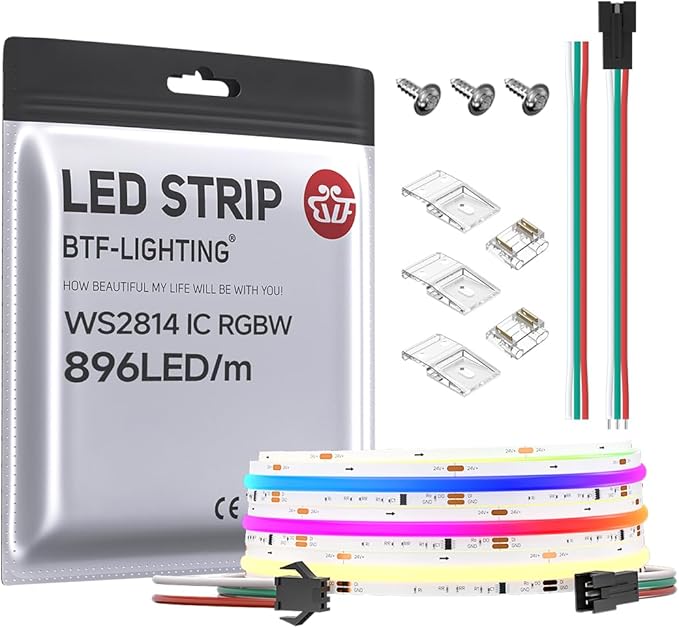 BTF-LIGHTING FCOB COB LED Strip WS2814 IC RGBW 3000K Flexible High Density Color Chasing Uniform Light 9.8FT DC24V 896LED/m 16IC/m 12mm Width for Home DIY Lighting Projects(No Adapter or Controller)