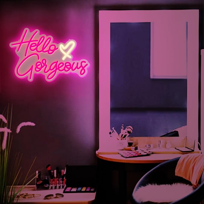 Hello Gorgeous Neon sign Pink LED Neon letters Heart decorative wall lights Girl Room Wedding anniversary Engagement birthday Party decoration with USB power supply (5V,16.5X11inches)
