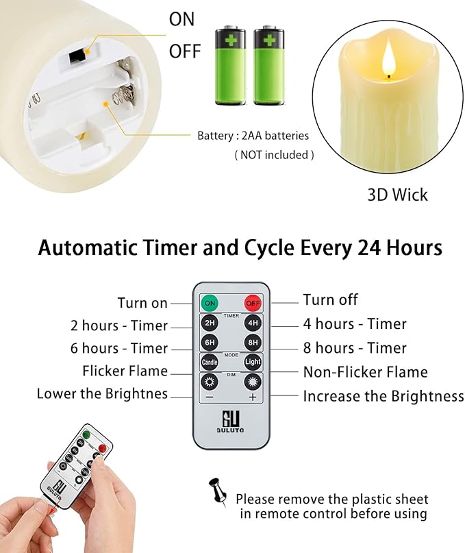 Flameless Candles, Battery Operated Candles with Remote and Timer, 3" x 5", Set of 2, LED Candles Electric Pillar Candles, Ivory Real Wax for Home, Wedding, Christmas
