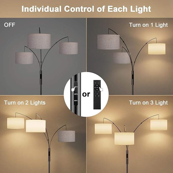 36W Corner Floor Lamp Dimmable - 3 Lights Arc Floor Lamps Standing Lamp with Remote & Touch Control, Tall Lamp for Living Room Corner, Bedroom, Office