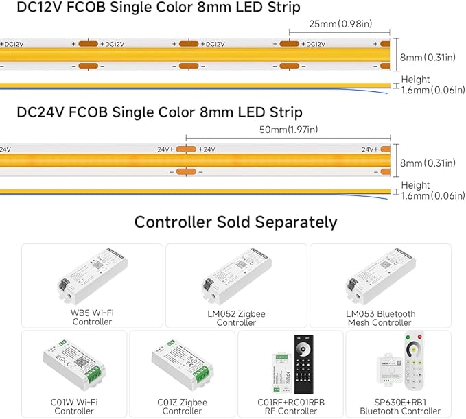 BTF-LIGHTING FCOB COB LED Strip Orange Color 480LED/m 16.4FT DC12V Flexible High Density Uniform Light 8mm Width Bright Dimmable for Bedroom Indoor Decor(No Adapter or Controller)
