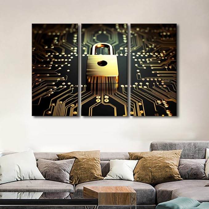 TUMOVO 3 Panel Large Wall Art Data Security Concept Poster Golden Padlock on Circuit Board Created with AI Picture for Home Office Wall Decorations, Stretched Framed Ready to Hang, 60" Wx40 H