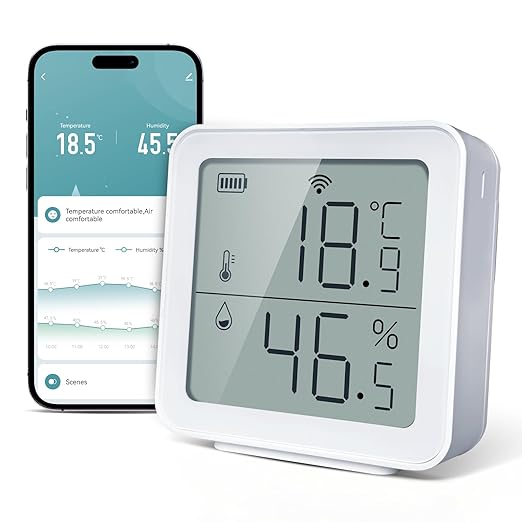 Smart WiFi Thermometer Hygrometer, Indoor Temp Humidity Monitor with Large LCD, No Gateway, Direct Phone Alerts, Free Data Storage, Ultra-Low Power, Tuya App Compatible for Home Garage Greenhouse