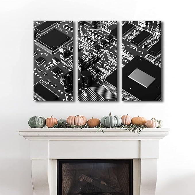 TUMOVO CPU Concept Poster Canvas Wall Art Computer Processors CPU Pictures Black and White Wall Art 3 Panel Motherboard Digital Chip Office Wall Posters and Prints Framed Ready to Hang(24" Wx36 H)