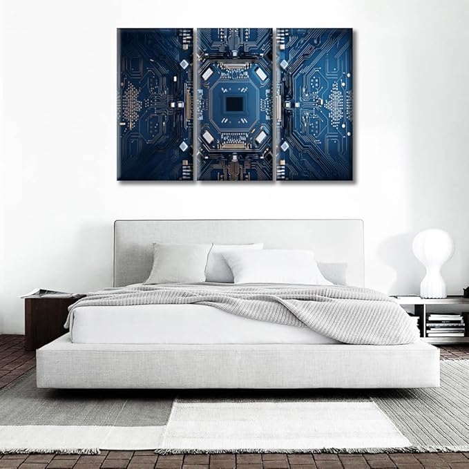 Large Size Motherboard Digital Chip Canvas Wall Art for Living Room 3 Panels Advanced Electronic Circuit Modern Painting Picture for Bedroom Office Home Wall Decorations Frame Wall Decor 60"Wx40"H