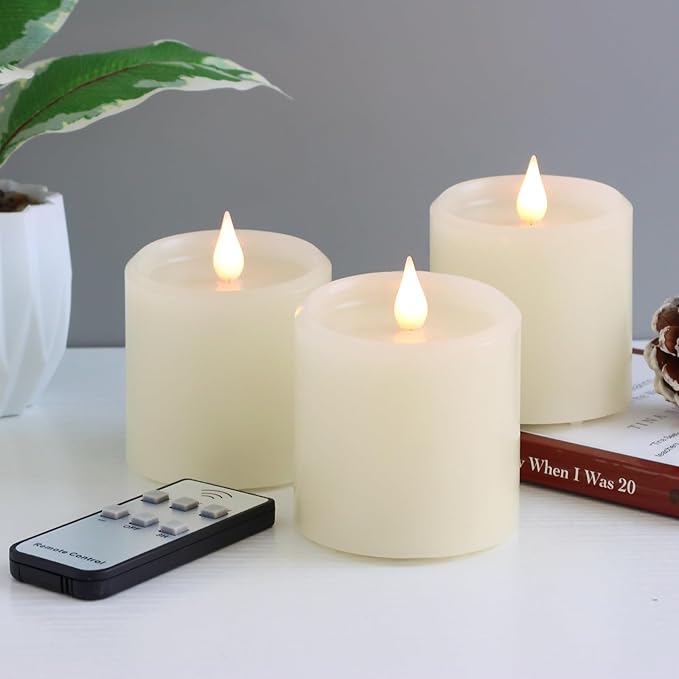 Flameless Candles with Timer, Flickering LED Candles Battery Operated with Remote, 3D Moving Flame, Real Wax 3" x 3" Electric Fake Candle for Home Party Decorations, 3 Pack