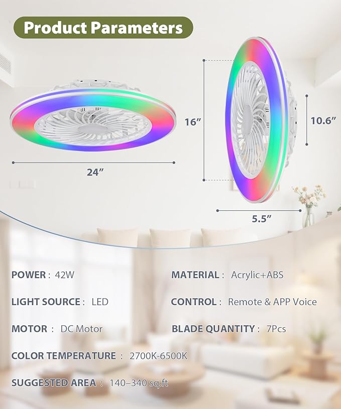 2-in-1 Low Profile Ceiling Fan with Light, 24” Caged Safety Design for Kids - RGB Color, Smart APP/Remote Control, Quiet Flush Mount DC Motor, Ideal for Bedroom/Living Room/Kitchen, White