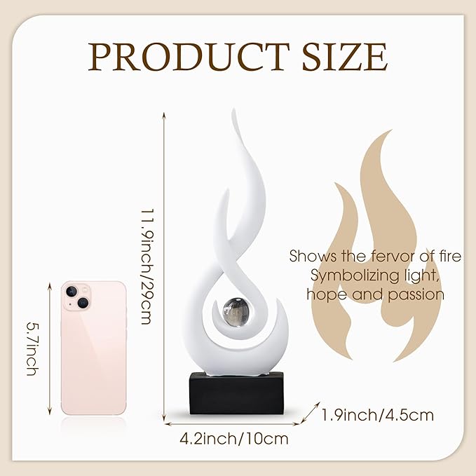 White Flame Statue Decor for Living Room, 11.8″ H Modern Minimalist Sculptures Home Decorations for Dining Room, Abstract Art Sculpture for Shelf Coffee Table Centerpiece