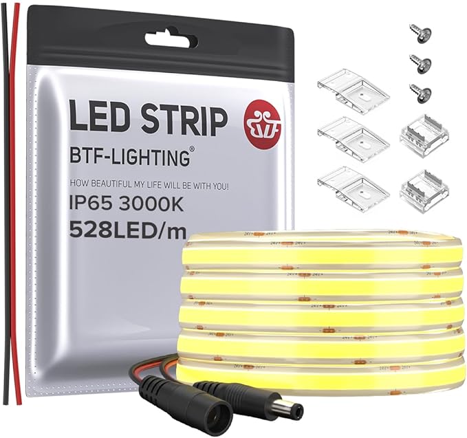 BTF-LIGHTING FCOB COB LED Strip IP65 Flexible High Density Uniform Light 14W/m 16.4FT DC12V Warm White 3000K 528LED/m CRI 90+ 10mm Width Dimmable LED Ribbon for Decor(No Adapter or Controller)