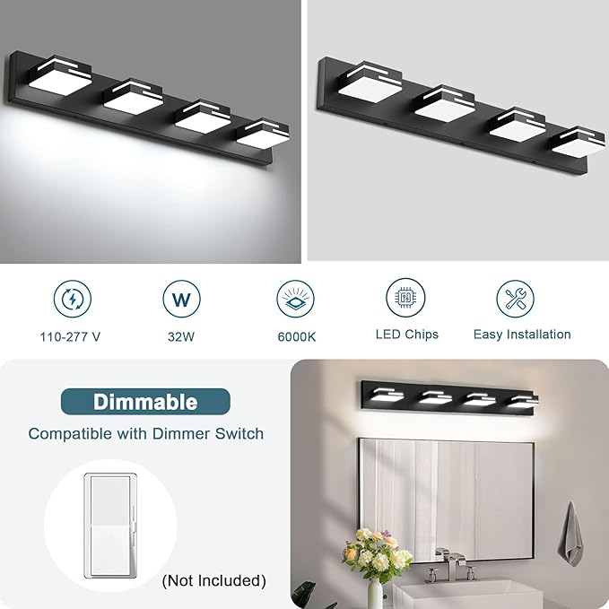 LED Modern Bathroom Vanity Light Fixtures,4-Light 28-inch Dimmable Matte Black Vanity Lights for Bathroom Lighting Fixtures Over Mirror, with 350° Rotatable Acrylic Heads (Cool White 6000K)