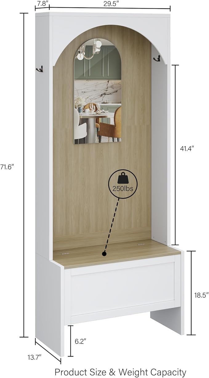 71.65" Hall Tree with Bench and Shoe Storage, 7-in-1 Entryway Storage Bench with 4 Coat Rack & 6 Shoe Cubbies & Mirror & Sensor Light, Shoe Rack Organizer for Entryway, White and Brown
