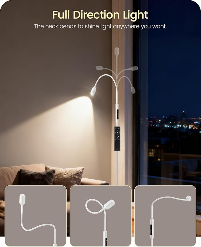 Reading Floor Lamp, 74.2" Tall LED Lamp, with 360° Flexible Gooseneck & Touch & Remote Control, Ajustable Color & Beam, Crafts Standing Lamp, for Reading, Task Craft, Living, White WW16LD05