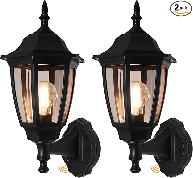 FUDESY Outdoor Wall Light Dusk to Dawn, Porch Sensor Light Black Plastic Anti-Corrosion with LED Edison Filament Bulb, Exterior Mount Lantern for House, Garage (2-Pack)