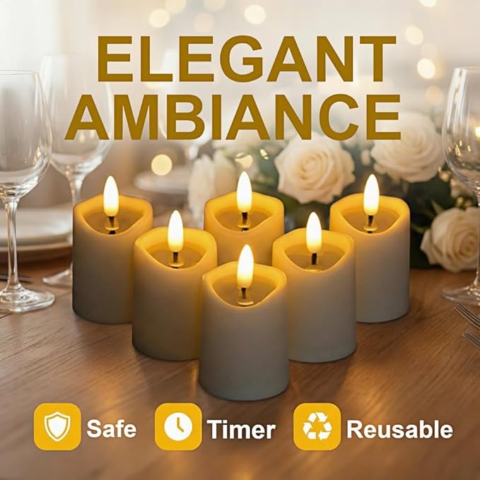 Simplelight Ivory Flameless Votive Candles with Timer, Realistic Black Wick Fall Candles Battery Operated, Battery Included, D 1.8” X H 3.1”, Set of 6 for Halloween, Holiday Decoration (Ivory)