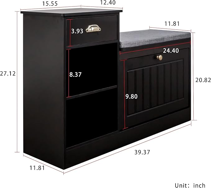 Shoe Storage Bench, Modern Wooden Shoe Cabinet with Flip Drawer and Adjustable Shelf, Entry Way Bench with Padded Seat Cushion for Entryway, Hallway, Living Room,Black