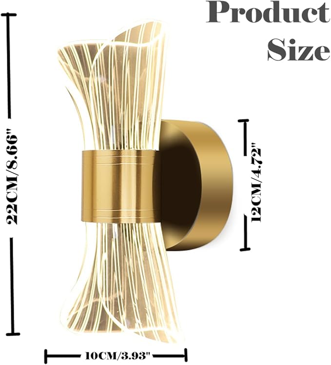 Chrasy Modern LED Wall Lamp, Golden Color Hourglass Shaped Acrylic Wall Sconce, 10W Acrylic Wall Light for Bedside Bedroom Living Room Hallway Wall Lighting 3 Color Temp Adjustable