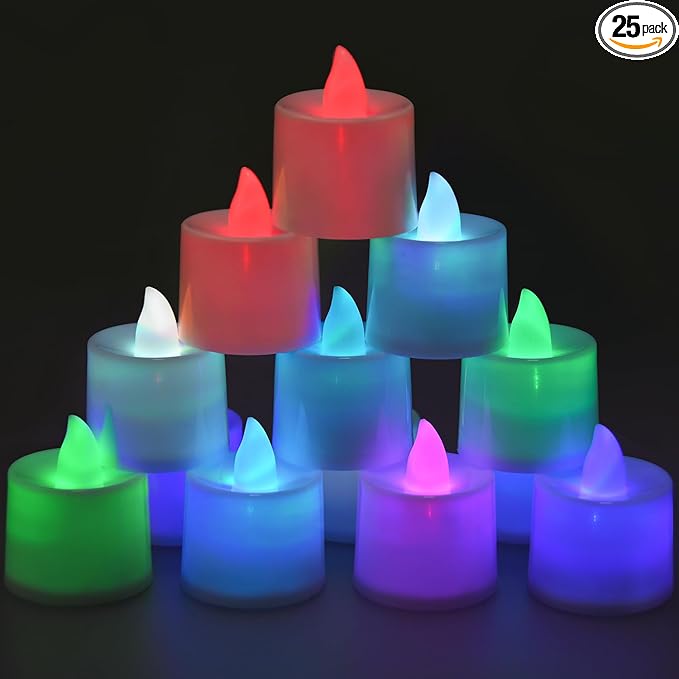 KOABY 25 Pack Flickering Flameless Votive Candles, Last 8H+, Colorful Lights, No Timer