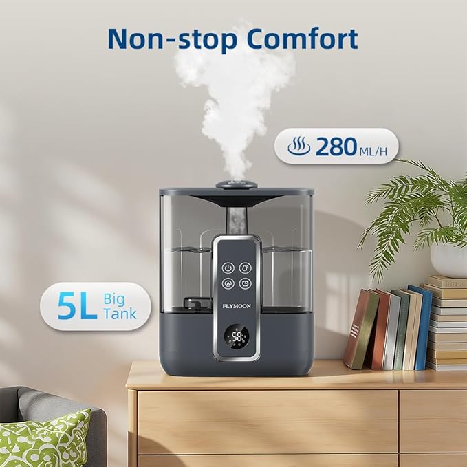 FLYMOON Humidifier for Bedroom, Top Fill 5L Cool Mist Humidifiers with 28dB, Humidifier for Large Room with Leak-Proof, Auto-Off, 12H Timer, 50 Hour Runtime,Tuya App Control, Black