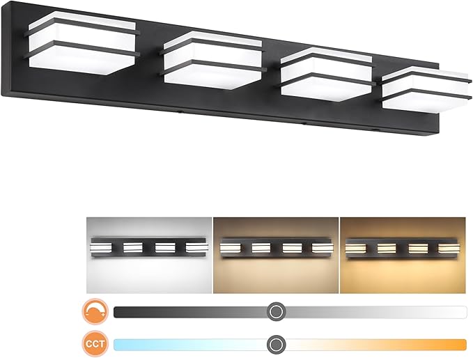 3 Color Temperature Dimmable Bathroom Light Fixtures Over Mirror, LED Black 4 Light Vanity Lighting Fixtures, Acrylic Stainless Steel Square Shade Vanity Lights for Bathroom, ETL Certificated