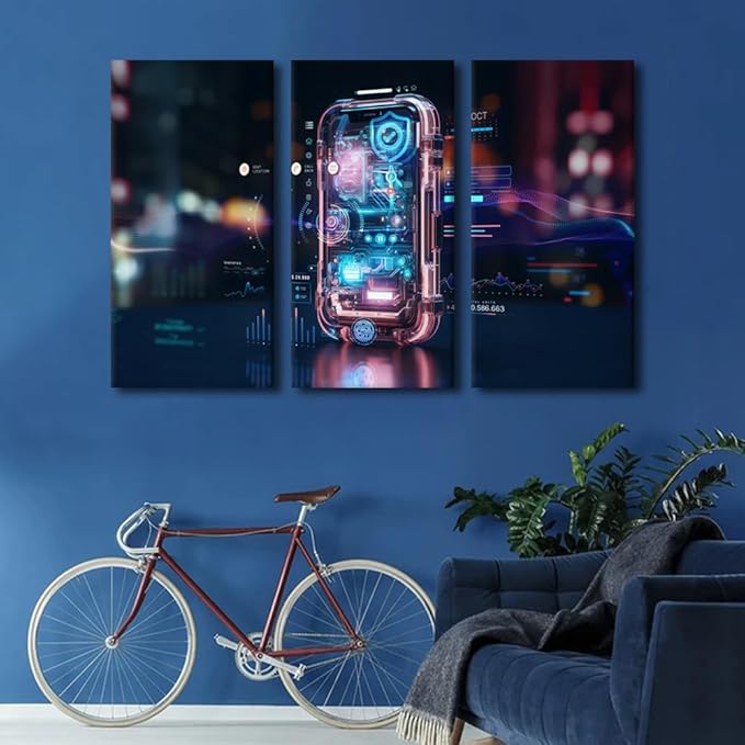 TUMOVO 3 Panel Wall Art for Living Room Mobile Phone Using Biometric Digital Finger Picture Poster Contemporary Art Giclee Artwork, Stretched and Framed Ready to Hang, 42" Wx28 H