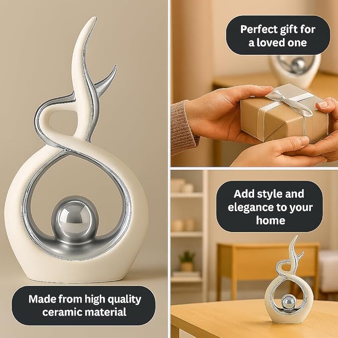 White & Silver Abstract Ceramic Ornament – Modern Decorative Sculpture for Living Room, Shelf & Coffee Table Decor – Minimalist Home Décor Accent, Table Centerpiece Gift