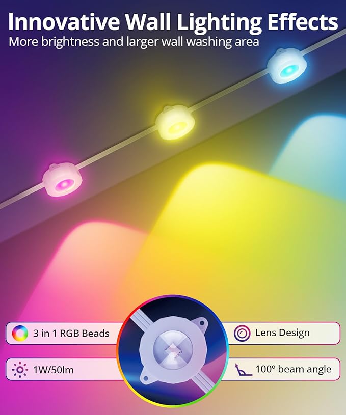 Smart Permanent Outdoor Lights, 50ft with 36 LED RGB String Lights, IP67 Waterproof Eaves Light with 44 Scene Modes for Halloween Christmas Birthday Holiday Party, APP/Voice/Remote Control
