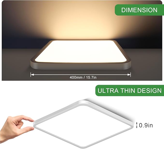15.7Inch 32W Square LED Ceiling Light Fixtures Flush Mount, 2800K Warm White LED Ceiling Lamp, Surface Mount Modern Ceiling Lights, White Slim Flat Panel Lighting for Bedroom, Kitchen, Bathroom