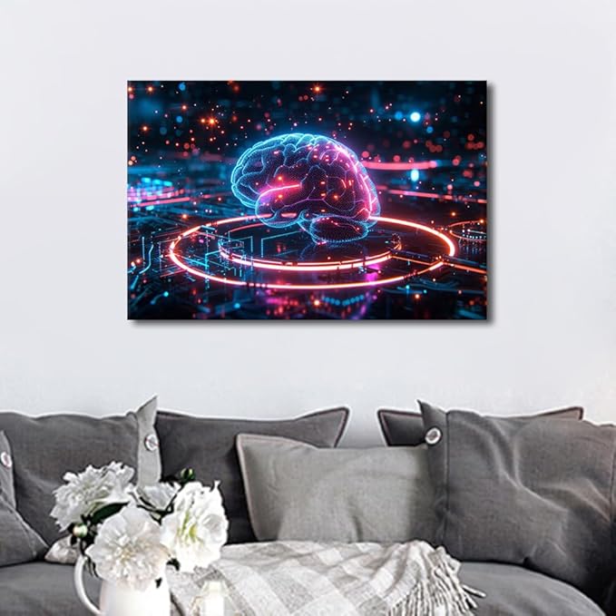 Modern Science and Technology Pictures for Living Room Digital Brain Canvas Wall Art for Bedroom Artwork for Room House Decor Wall Modern Posters and Prints Framed Ready to Hang 16"Wx24"Hx1 Panel