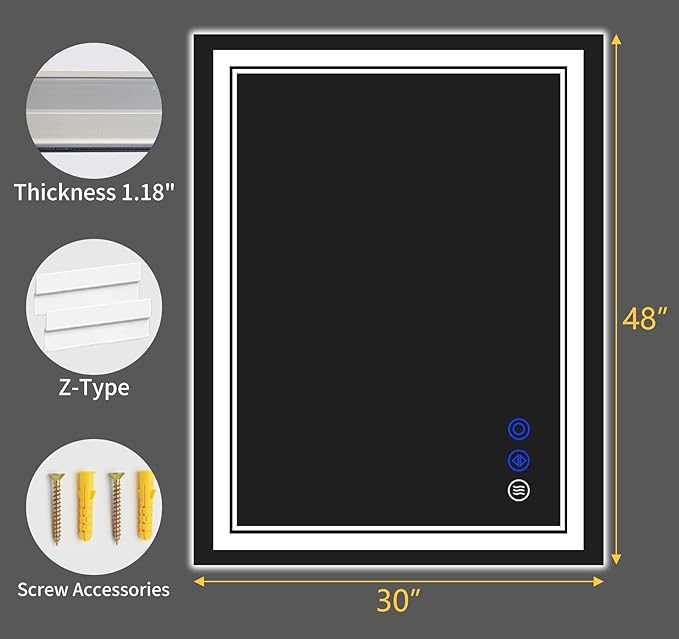 40"x30" LED Bathroom Mirror with Anti-Fog, Stepless Dimmable Lights, 3 Color Modes, Shatter-Proof Tempered Glass,Waterproof Design
