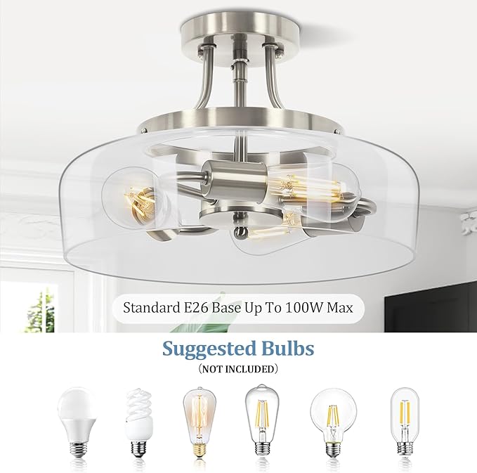 3-Light Semi Flush Mount Light Fixture, Modern Industrial Glass Ceiling Light with E26 Base, Metal Semi Flush Ceiling Light for Living Room Kitchen Bedroom Hallway Balcony, No Bulbs, Brushed Nickel