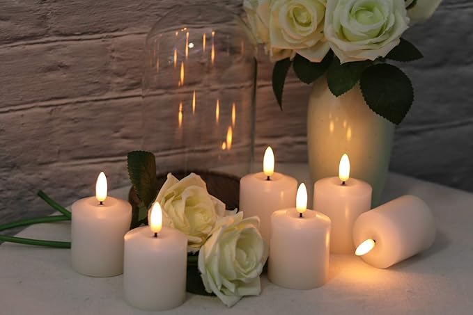 Eldnacele Flameless Flickering Votive Candles with Timer, Battery Operated Real Wax Realistic Black Wick LED Pillar Candle D2” x H3” Set of 6 White(Battery Included)