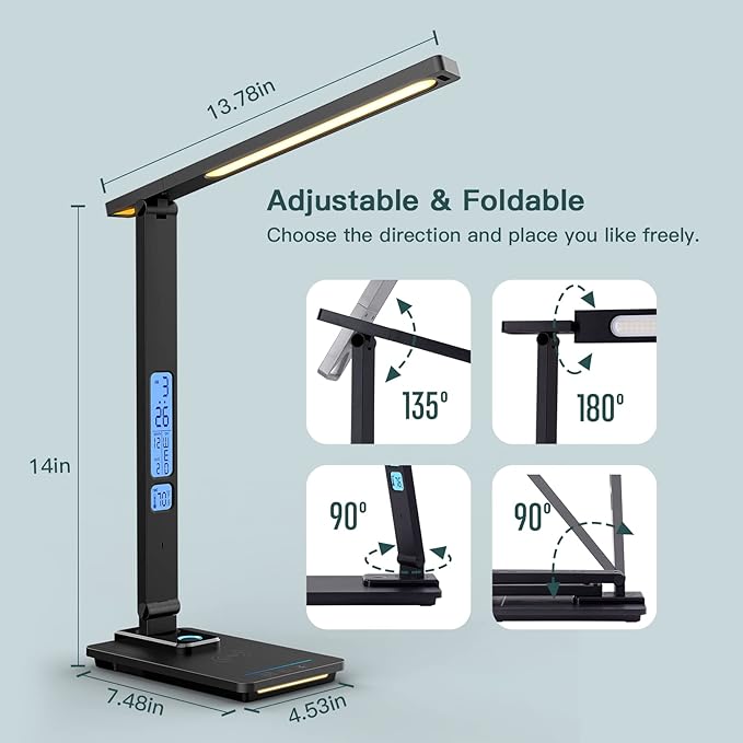 LAOPAO LED Desk Lamp with Wireless Charger: Desk Lamps for Home Office Bedroom, 5 Color Modes & Brightness Dimmable, 2 Night Light